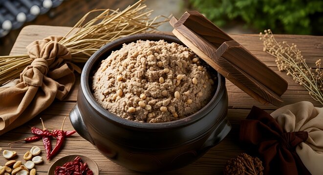 Authentic Cheonggukjang fermented soybean paste with whole beans in a traditional earthenware onggi jar, styled with rice straw and dried red chilies.
