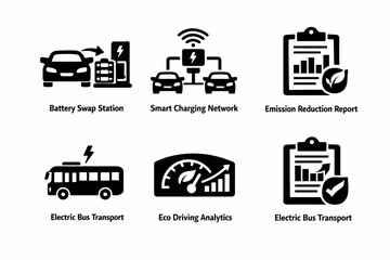 Sustainable transport icons: battery swap, smart charging, emission report, electric bus, eco driving