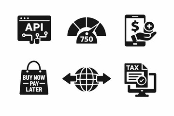 Financial technology icons: api, credit score, mobile payment, buy now pay later, global network, tax