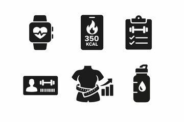 Fitness tracker icons: heart rate, calories, goal setting, id card, progress, hydration