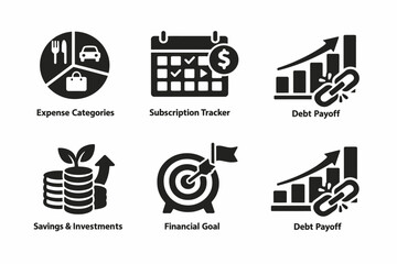 Budget icons: expense, subscription, debt, savings, financial goal