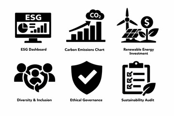 Esg dashboard and icons for carbon, renewable energy, diversity, governance, and sustainability
