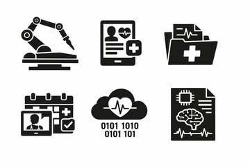 Healthcare technology icons: robotics, digital records, ai, telemedicine, data security