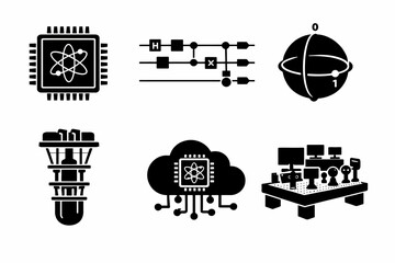 Quantum computing icons set: chip, qubit, circuit, cloud technology symbols