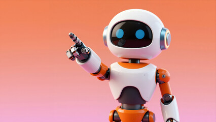 Fototapeta premium Cute Robot With Orange And White Design Pointing Forward On A Gradient Orange Background, Futuristic Style
