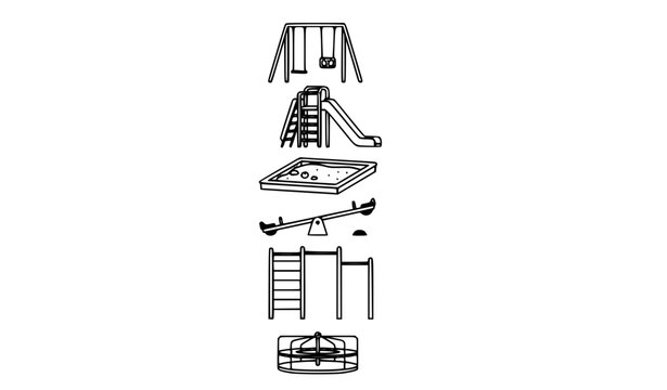 vector illustration of a building Modern Minimal Playground Equipment Icon Set Featuring Swings Slide Sandbox Seesaw Monkey Bars and Merry Go Round Vector