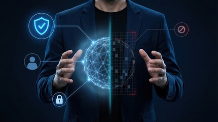 Fototapeta premium Cybersecurity, Data Protection, Network Security, Digital Safety, Privacy, Information Technology, Cyber Defense concept with man protecting digital globe and security icons.
