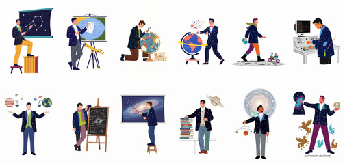 Men Exploring Astronomy and Science: Illustrations of Space Research, Celestial Studies, and Cosmic Education. © ValentinaRestrepo