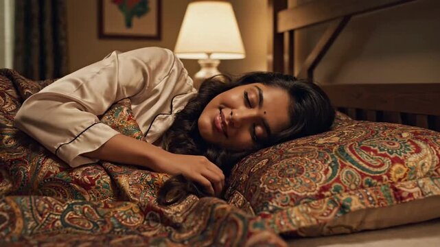 Woman sleeping in a cozy bedroom with a lamp on and patterned bedding at night