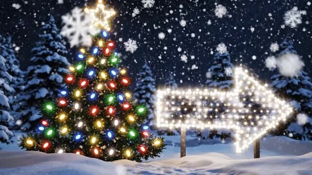 Bright Christmas tree with lights and snow in a winter forest scene at night
