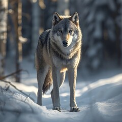Obraz premium A majestic wolf standing in a serene snowy forest landscape viewed from a slight low angle, showcasing its striking fur texture.