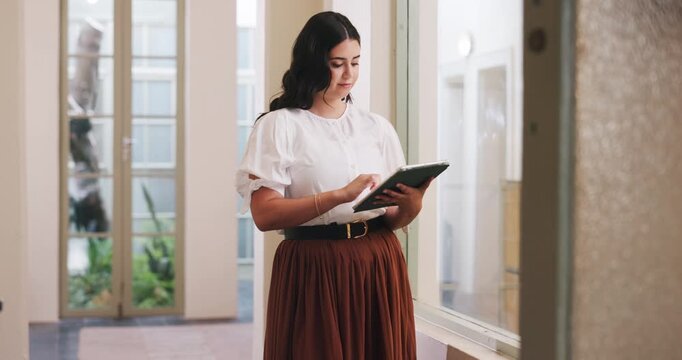 Business, woman and reading with tablet in office for real estate, property research and web listing. Person, realtor and digital to email client, viewing agenda and information on resale opportunity