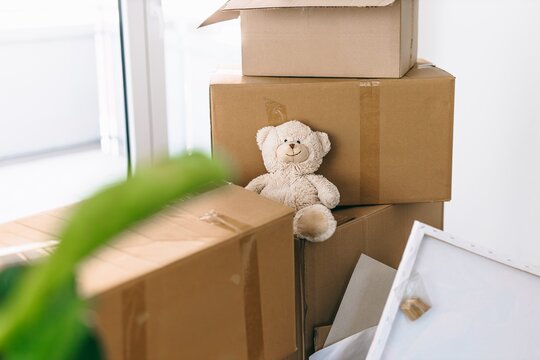Stacked moving boxes and teddy bear in new home interior