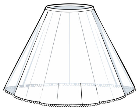 Vintage sheer crinoline petticoat with lace trim hem fashion technical flat sketch