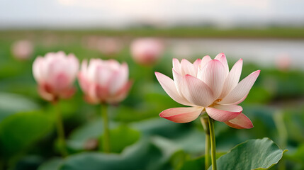 Serene wild lotus field at dusk: dreamlike beauty and tranquility in nature