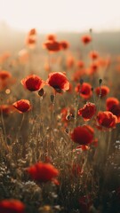 Field of vibrant red poppies glowing at golden hour, symbolizing Remembrance Day and Liberation Day, perfect for commemorative and decorative commercial projects, featuring 25 April, Italy, Poland