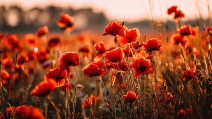 Vibrant red poppies glowing at golden hour in a serene field, perfect for Remembrance Day, Liberation Day, and commemorative commercial projects, featuring 25 April, featuring Italy, featuring Poland