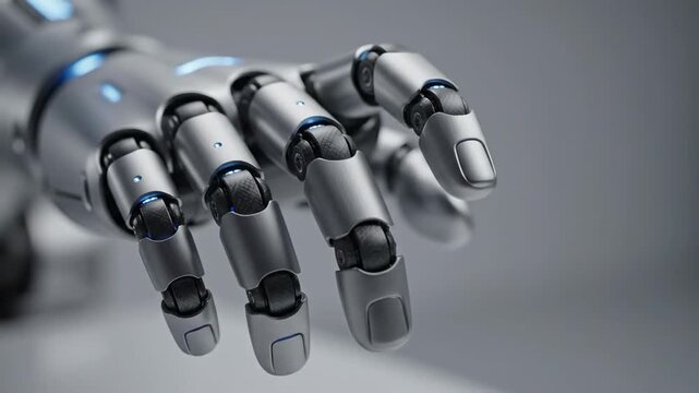 Close-up of a futuristic robotic hand with glowing blue accents on a neutral background