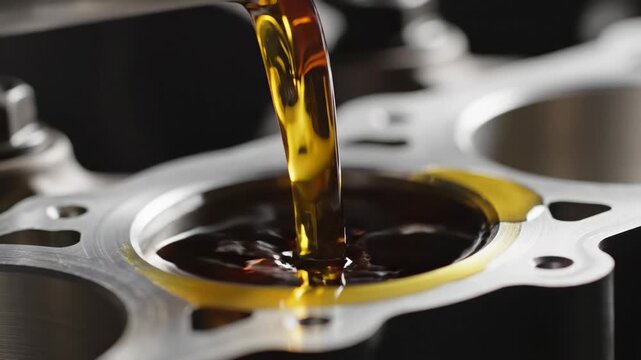 Engine oil being poured into a metal engine block component during maintenance or manufacturing