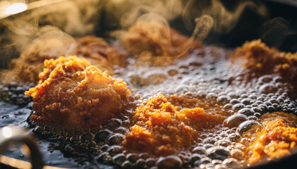 Golden crispy fried chicken pieces bubbling in hot oil inside deep fryer basket close up