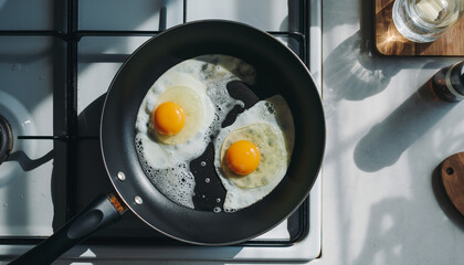 Sunny side up eggs sizzling in a non-stick frying pan for breakfast