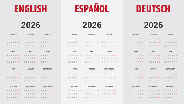 2026 trilingual calendar template with week starting Monday, displaying months and weekdays in English, Spanish, and German.