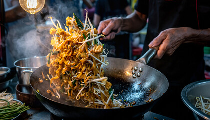 Chef stirring sizzling Pad Thai noodles in a hot wok at a Bangkok street stall