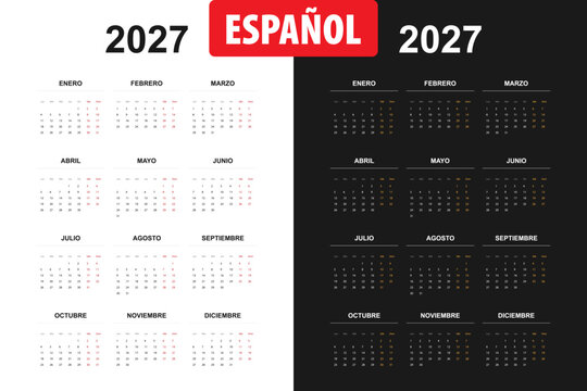 Calendario 2027 en espa&ntilde;ol con dise&ntilde;o limpio y moderno, semana iniciando en lunes.