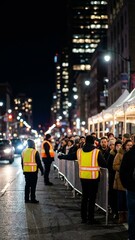 Fototapeta premium Night city street crowd behind barricades, event staff in reflective vests directing people, urban nightlife security and traffic control, New Year celebration vibe