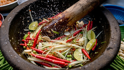 Preparation of spicy green papaya salad with mortar and pestle in natural light