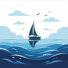 Naklejka premium Sailboat silhouette on wavy sea under cloudy sky with birds