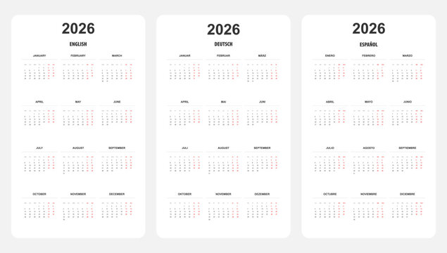 2026 trilingual calendar template with week starting Monday, displaying months and weekdays in English, Spanish, and German.