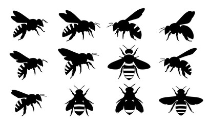 Fototapeta premium Bee Silhouette Vector Set with Flying and Resting Insect Shapes Isolated on White