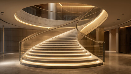 Obraz premium Elegant curved marble staircase with warm LED underlighting and glass railing in modern lobby