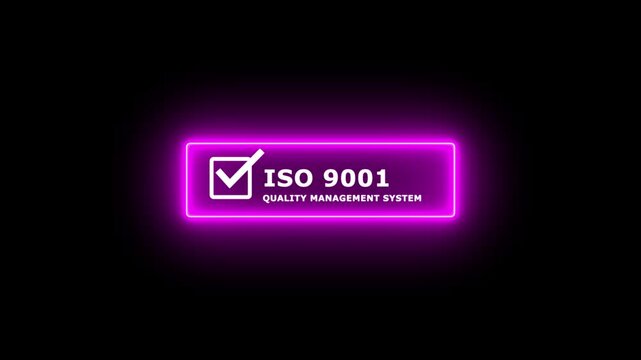 Minimal ISO 9001 Quality Management System certification banner featuring a white checkmark inside a square icon with bold ISO 9001 text on a black background. 4k video
