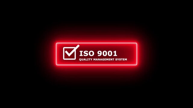 Minimal ISO 9001 Quality Management System certification banner featuring a white checkmark inside a square icon with bold ISO 9001 text on a black background. 4k video