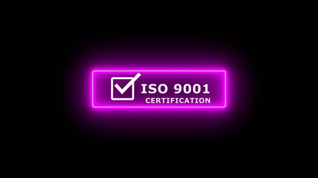 ISO 9001 certification glowing neon badge with check mark icon on dark background, symbolizing quality management system, business compliance, international standards, and professional certification.