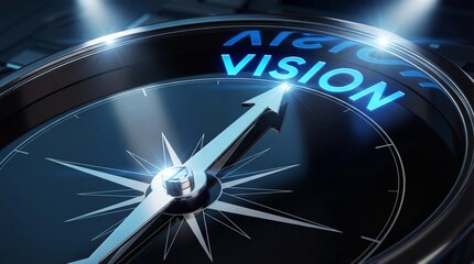 Close up of compass with vision and mission text shining arrow pointing forward symbolizing direction and goal achievement in business and leadership