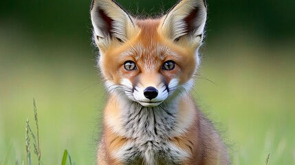 Fototapeta premium Charming Portrait of an Adorable Fox Kit in a Lush Green Meadow, Capturing Nature s Pure Beauty