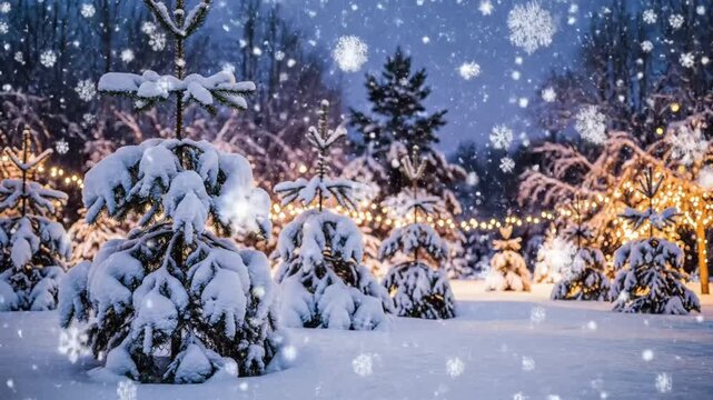Snow falls on a winter wonderland with trees and lights as night settles in during the holiday season