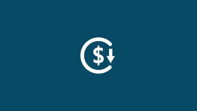 Abstract decrease icon on green background. Dollar rate down looped icon. Reduce costs sign and symbol. 4k video animation