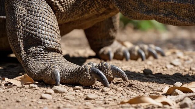 Komodo dragon walking on dirt with sharp claws in natural habitat during sunny day in Indonesia