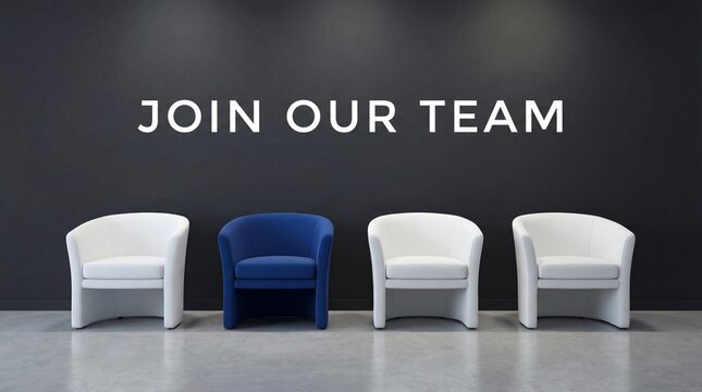 Four white chairs and one blue chair in a row with 'join our team' text on dark background recruitment concept