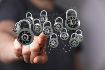Secure digital data network concept. Hand touching virtual locks representing protection and safety. Encryption, data pr