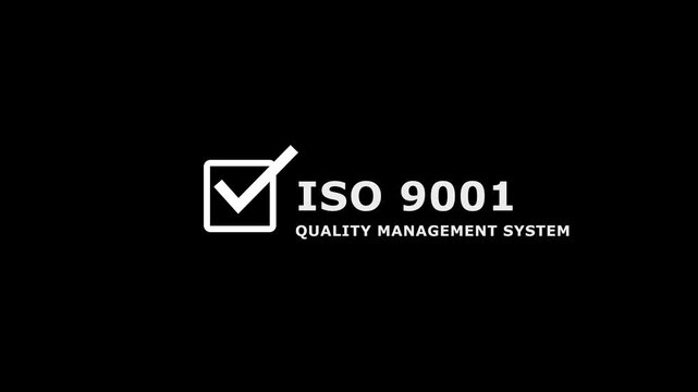 Minimal ISO 9001 Quality Management System certification banner featuring a white checkmark inside a square icon with bold ISO 9001 text on a black background. 4k video