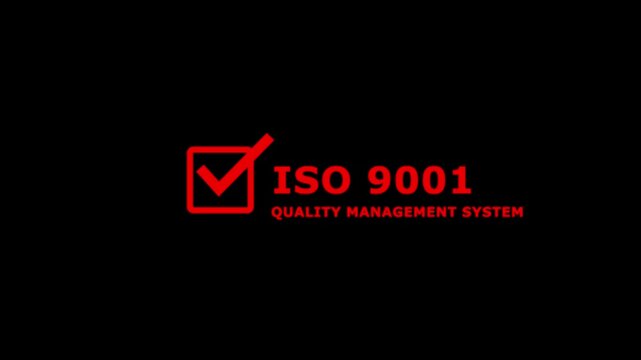 Minimal ISO 9001 Quality Management System certification banner featuring a white checkmark inside a square icon with bold ISO 9001 text on a black background. 4k video