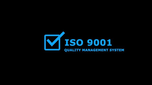 Minimal ISO 9001 Quality Management System certification banner featuring a white checkmark inside a square icon with bold ISO 9001 text on a black background. 4k video