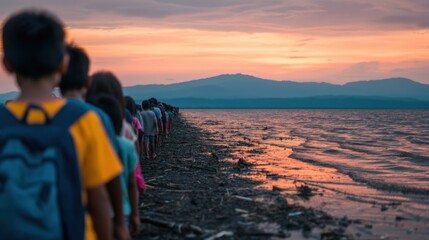 Fototapeta premium Eco friendly kids activities, A long line of people walk along a narrow path beside a body of water at sunset, heading toward distant mountains under a colorful sky.