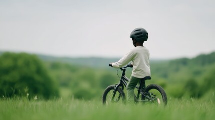 Fototapeta premium Eco friendly kids activities, A child wearing a helmet rides a bicycle through a grassy field with a scenic, blurred forest and hills in the background.
