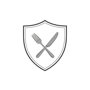 Linear shield icon featuring crossed fork and knife inside crest representing food safety hygiene standards and kitchen quality